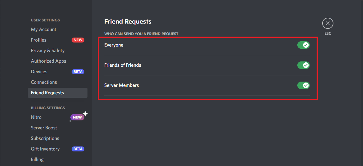 Включите «Все», «Друзья друзей» и «Участники сервера».
