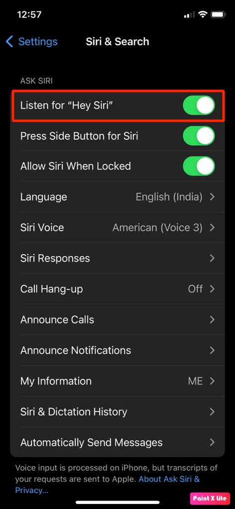 toggle on listen for hey siri