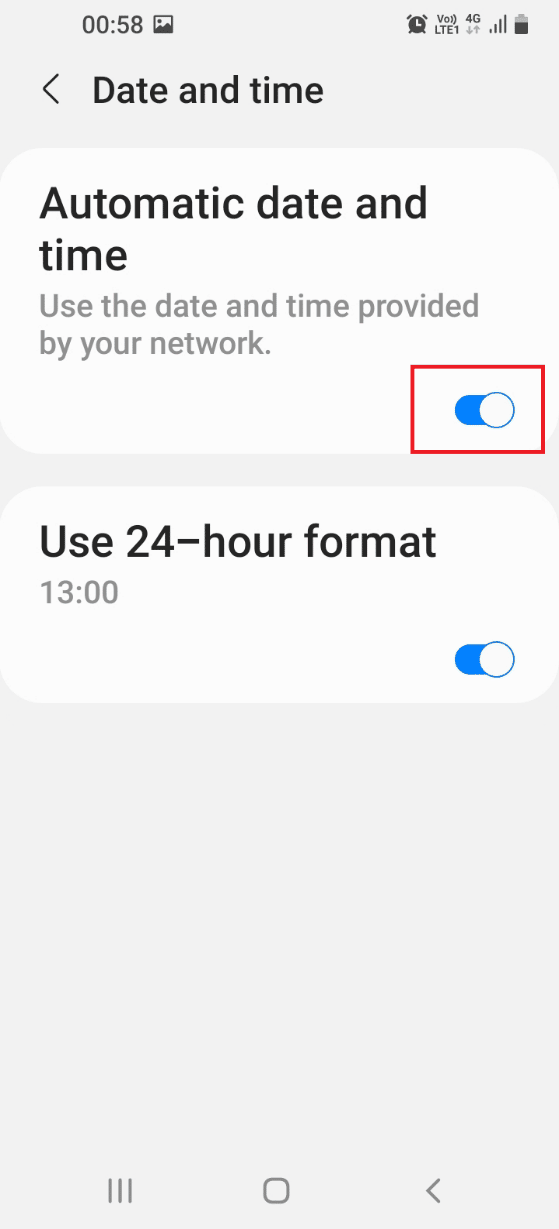 Toggle on the Automatic date and time option
