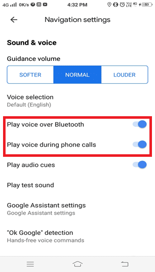 Toggle ON the following options. • Play voice over Bluetooth • Play voice during phone calls