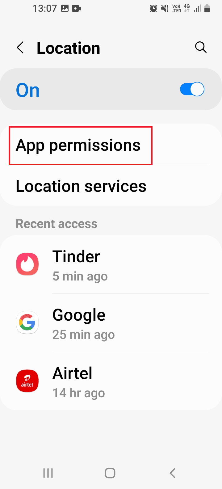 Toggle on the Location option and tap on the Tinder app on the App permissions tab
