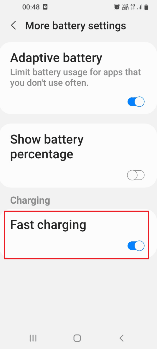 Toggle on the setting Fast charging in the Charging section 