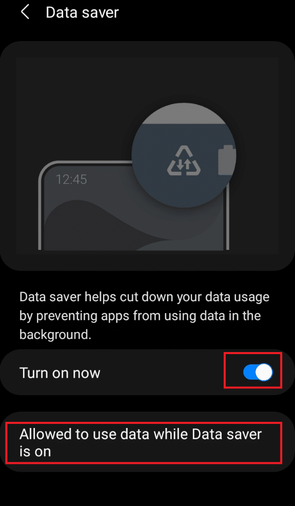 Toggle on the Turn on now option for Data saver and then tap Allowed to use data while Data saver is on | fix Snapchat won’t load stories