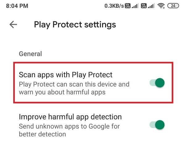 toogle off the option Scan apps with play protect