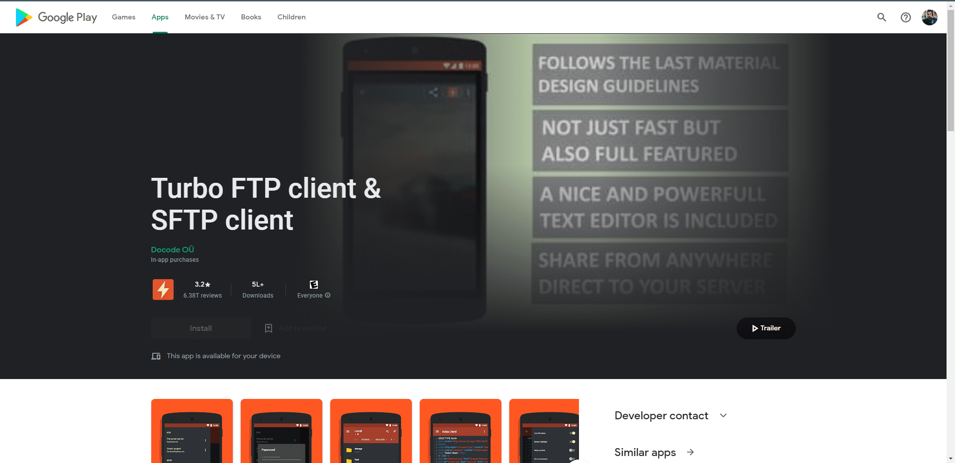 Turb FTP client Play Store page. Best File Transfer Protocol Clients for Android