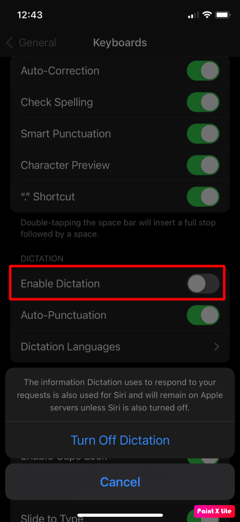 turn off enable dictation slider
