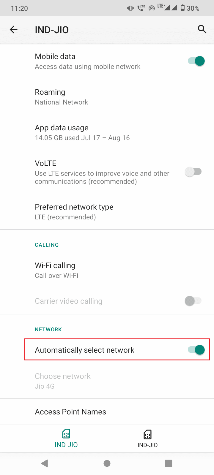 Turn off the toggle for the option Automatically select network. Fix SIM Card Not Working on Android