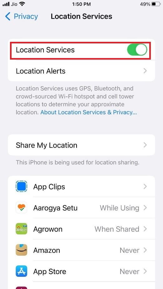 Turn off the toggle for the option Location Services | How to Make Find My iPhone Say No Location Found