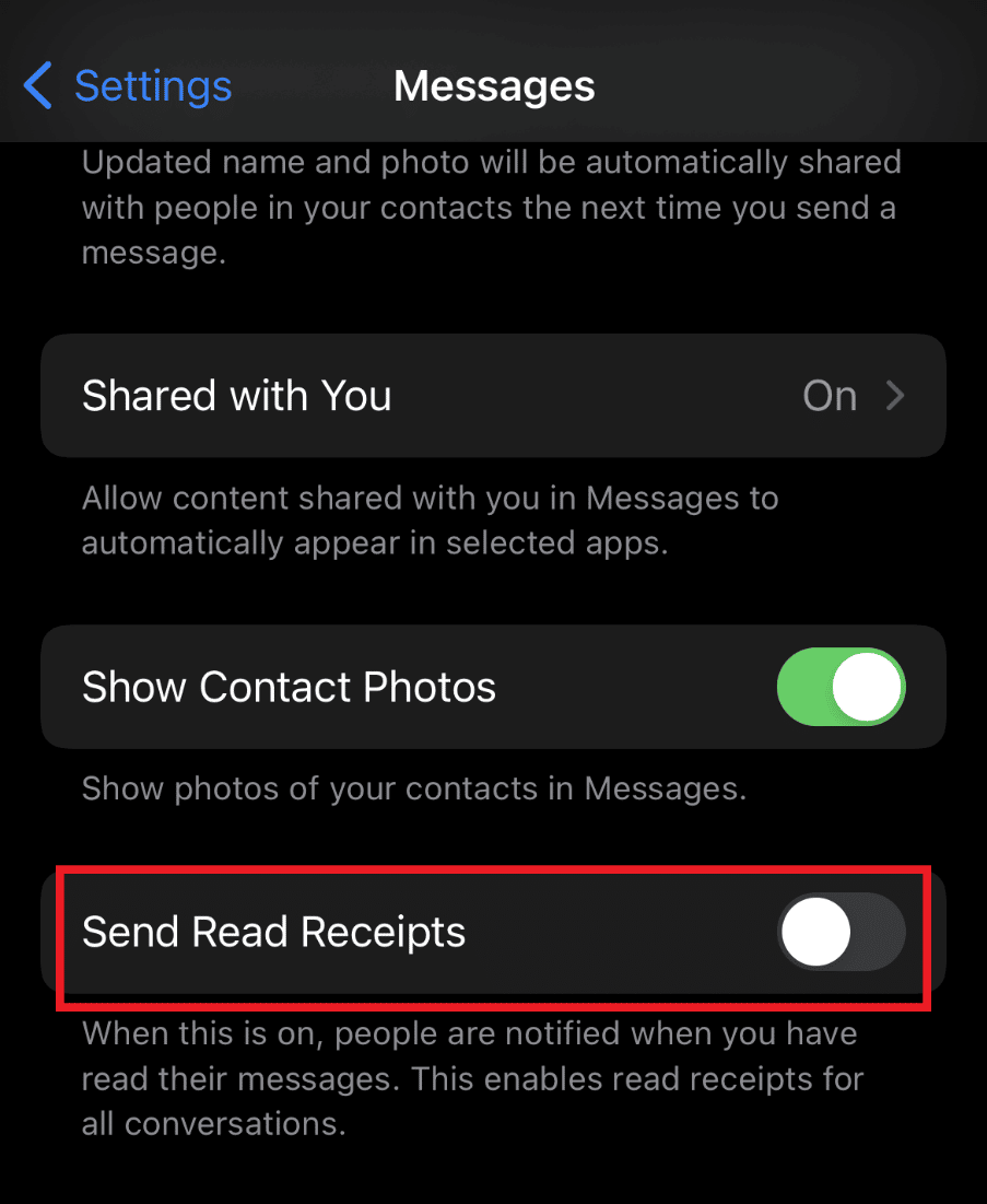 Turn off the toggle for the option Send Read Receipts