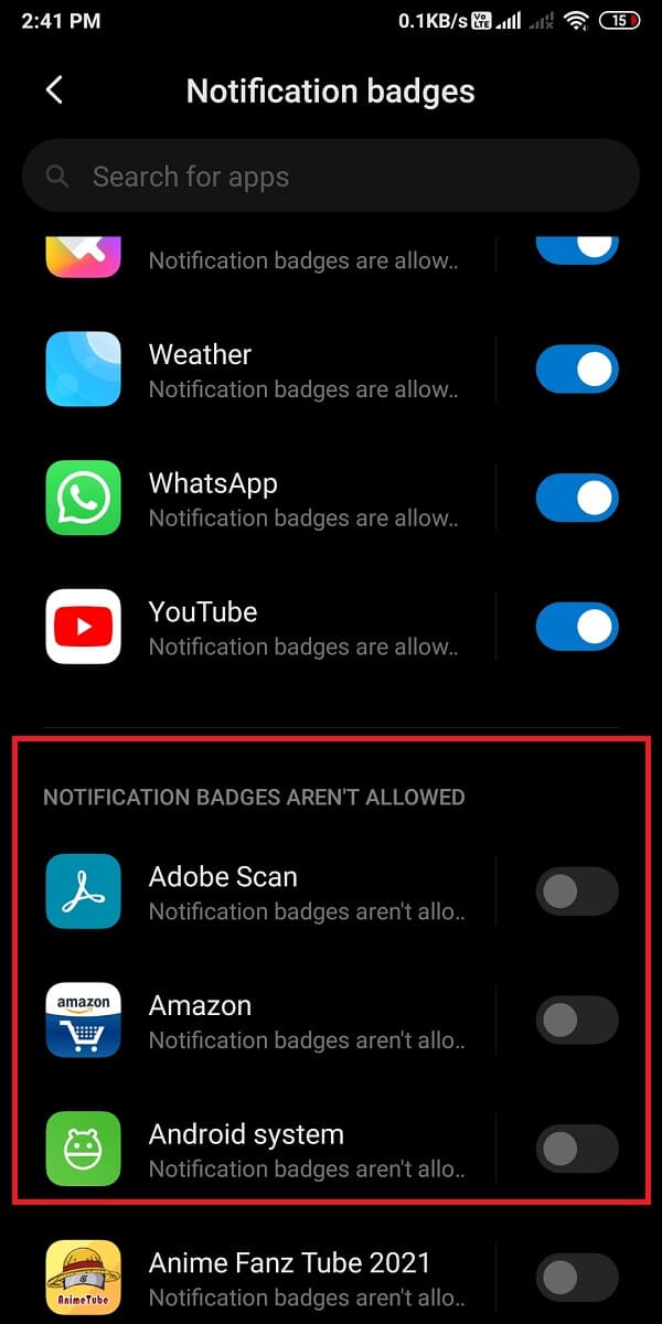turn off the toggle next to the application for which you do not want app icon badges.