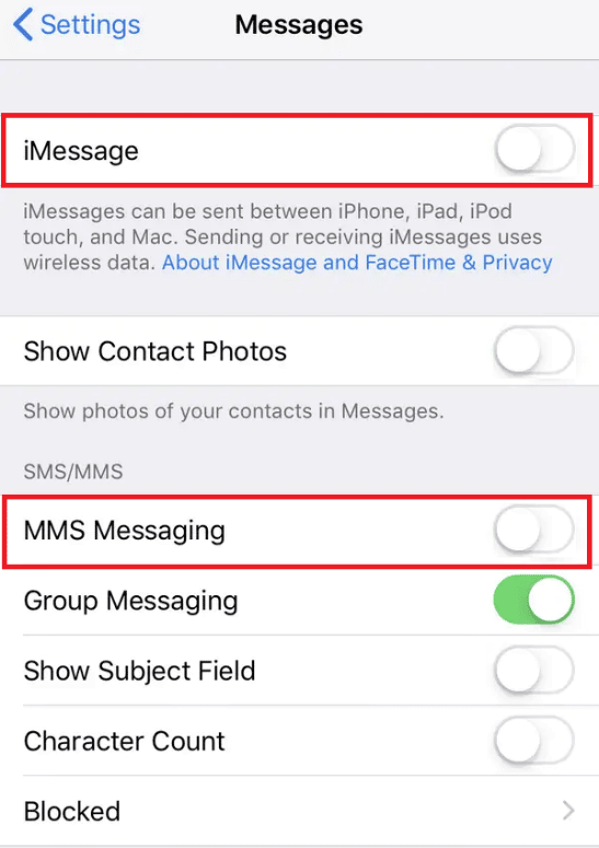Turn off the toggles for iMessage and MMS Messaging