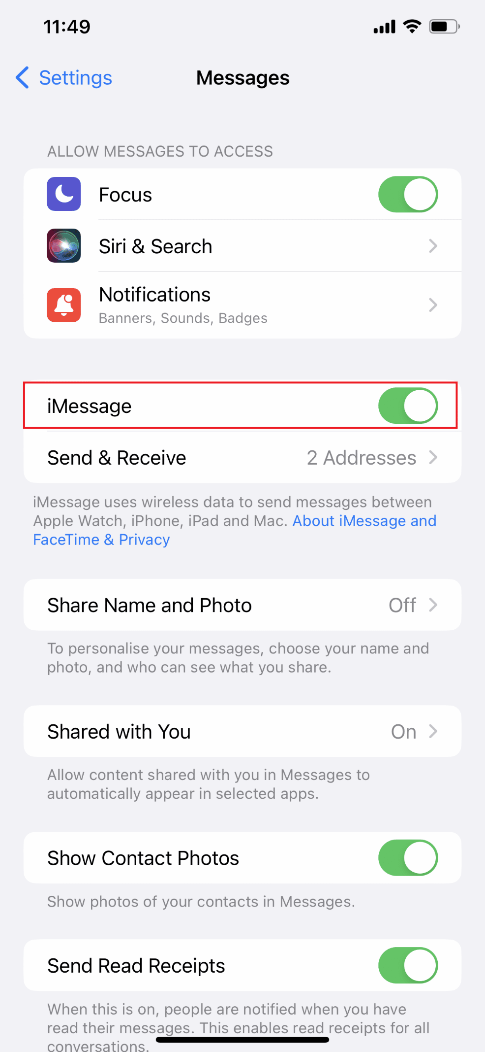 Įjunkite iMessage | Kodėl mano pranešimai neskleidžia garso „iPhone“.