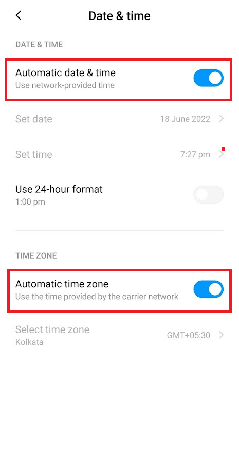 Turn on the toggle for Automatic data & time and Automatic time zone