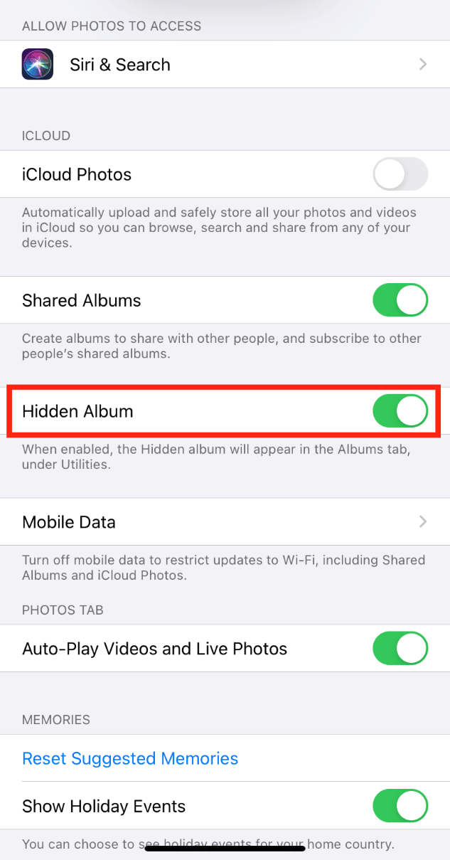 Turn on the toggle for Hidden Album