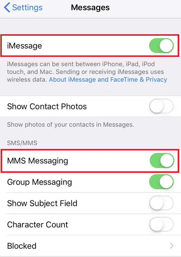 Turn on the toggle for iMessage and MMS Messaging