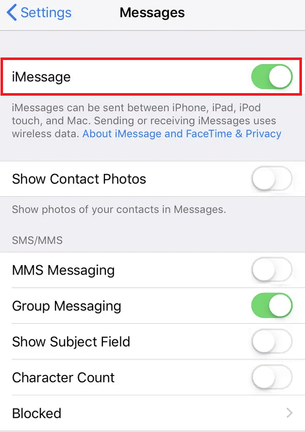 Turn on the toggle for iMessage from the top