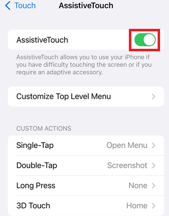 Turn on the toggle for the Assistive touch option