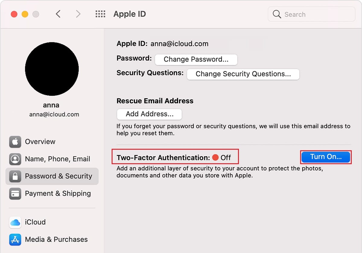 turn on two factor authentication in Mac password and security setting