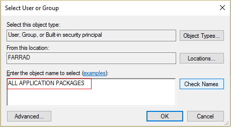 type ALL APPLICATION PACKAGES in object name field