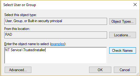 type NT ServiceTrustedInstaller under Enter the object name to select