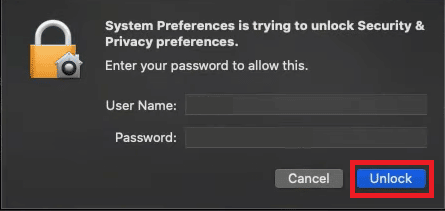 введите имя пользователя и пароль и нажмите «Разблокировать». Исправление невозможно открыть, поскольку разработчик не может быть проверен на Mac