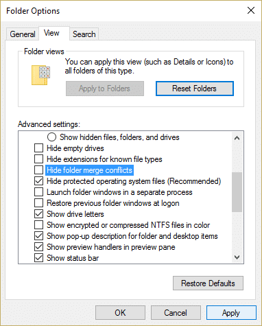 uncheck Hide folder merge conflicts