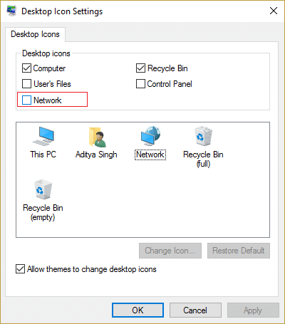 uncheck Network under Desktop Icon Settings