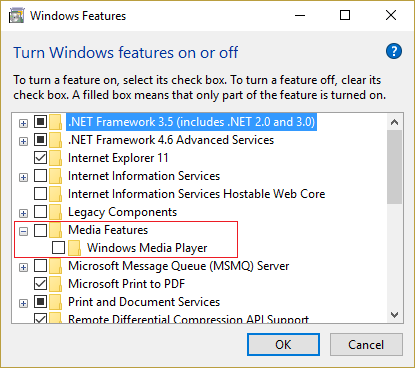 uncheck Windows Media Player under Media Features