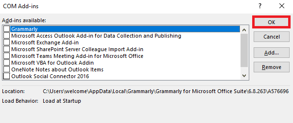 uncheck all the Add-ins and then click OK. Fix Outlook AutoComplete Not Working Correctly
