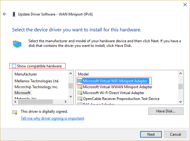 uncheck show compatible hardware and select Microsoft Virtual Wifi Miniport Adapter