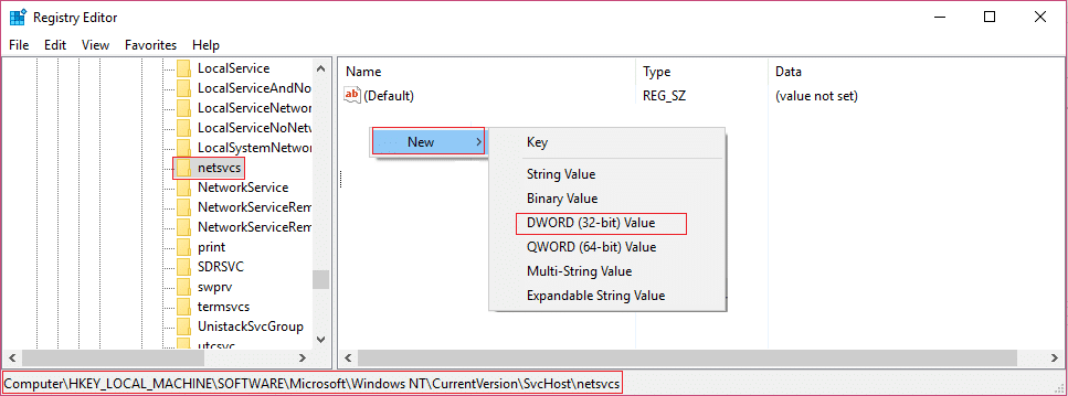 under netsvcs right click then select New and then DWORD 32bit value