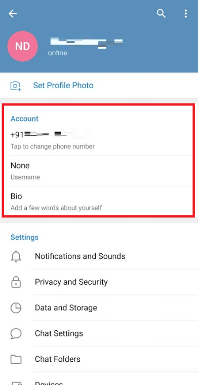Under the Account section you can edit your phone number Username and Bio