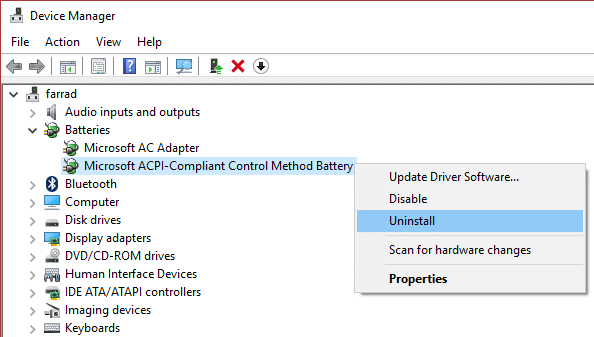 uninstall Microsoft ACPI Compliant Control Method Battery