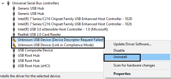 uninstall Unknown USB device (Device Descriptor Request Failed)