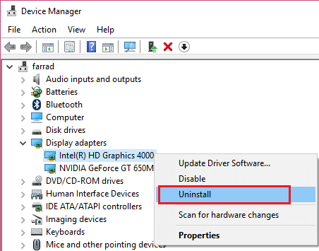 uninstall drivers for Intel Graphic Card 4000