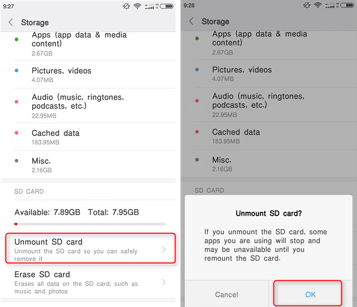 Inside Storage, tap on the Unmount SD card option - Fix Can’t install app Error Code 910