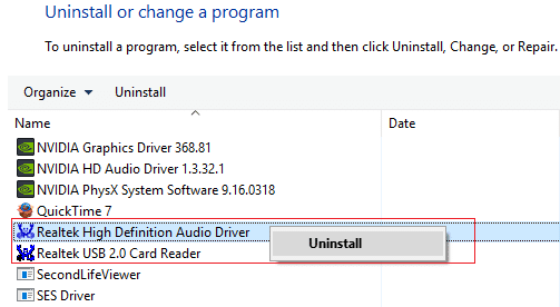 unsintall realtek high definition audio driver