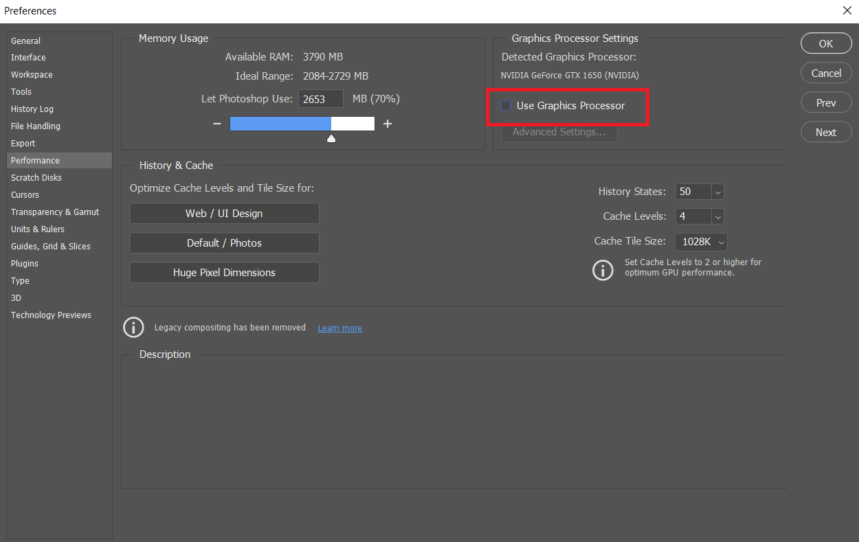 Untick the option Use Graphics Processor option in the Performance section