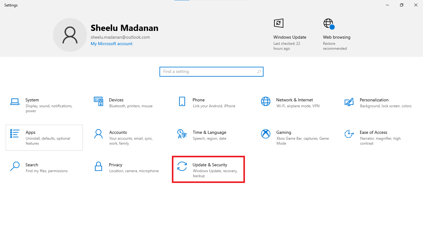 Update and security in Settings window.