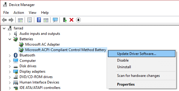 update driver software for Microsoft ACPI Compliant Control Method Battery