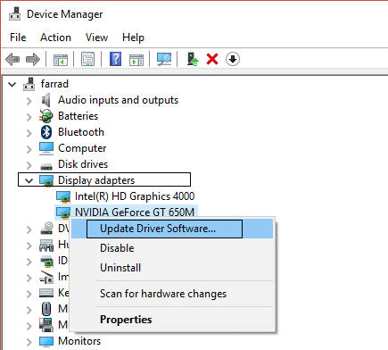 update driver software in display adapters | Fix Desktop Window Manager High CPU (DWM.exe)