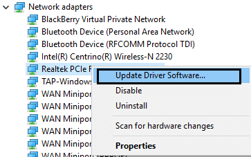 update driver software of Realtek PCIe GBE Family Controller