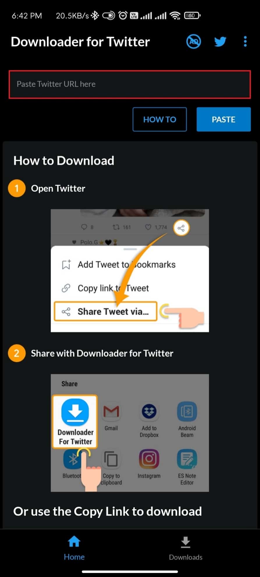 URL box in Downloader for Twitter app. How To Save Gif from Twitter On Android And Computer