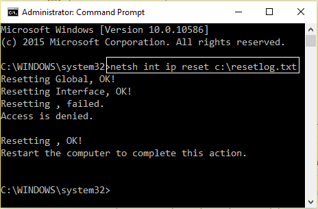 using netsh command to reset ip