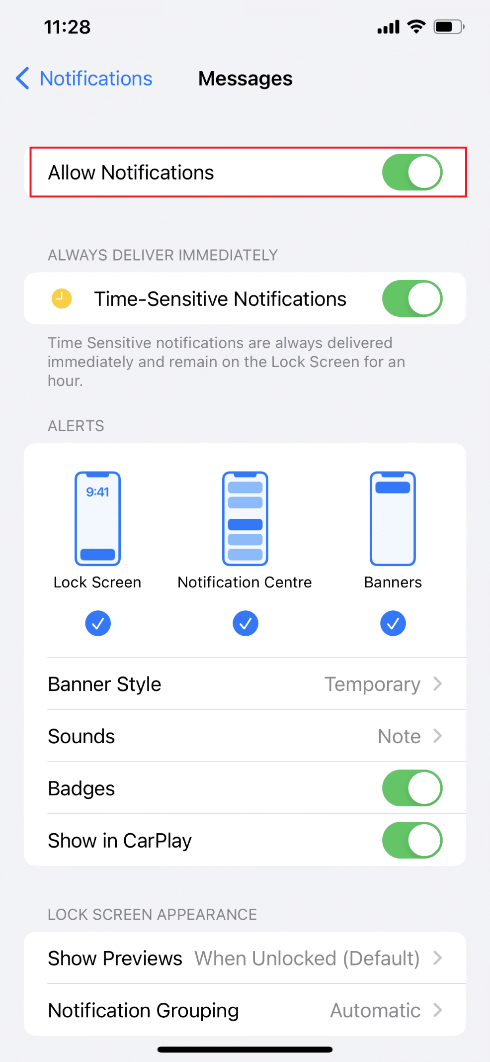 Verify that Allow Notifications is set to green | Why are My Notifications Not Making Sound on iPhone