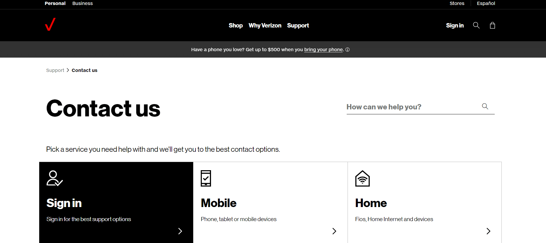 Pagina di supporto di Verizon Wireless. Come posso coinvolgere un essere umano nel servizio clienti di Verizon