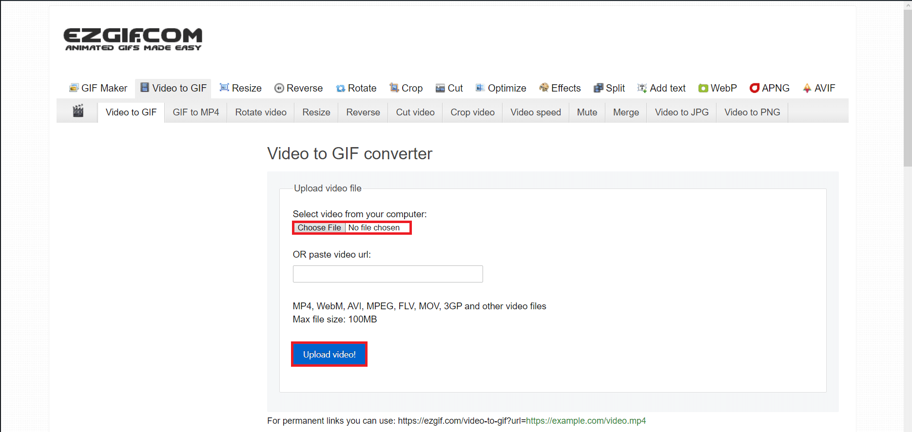 select choose file button in Video to GIF online converter