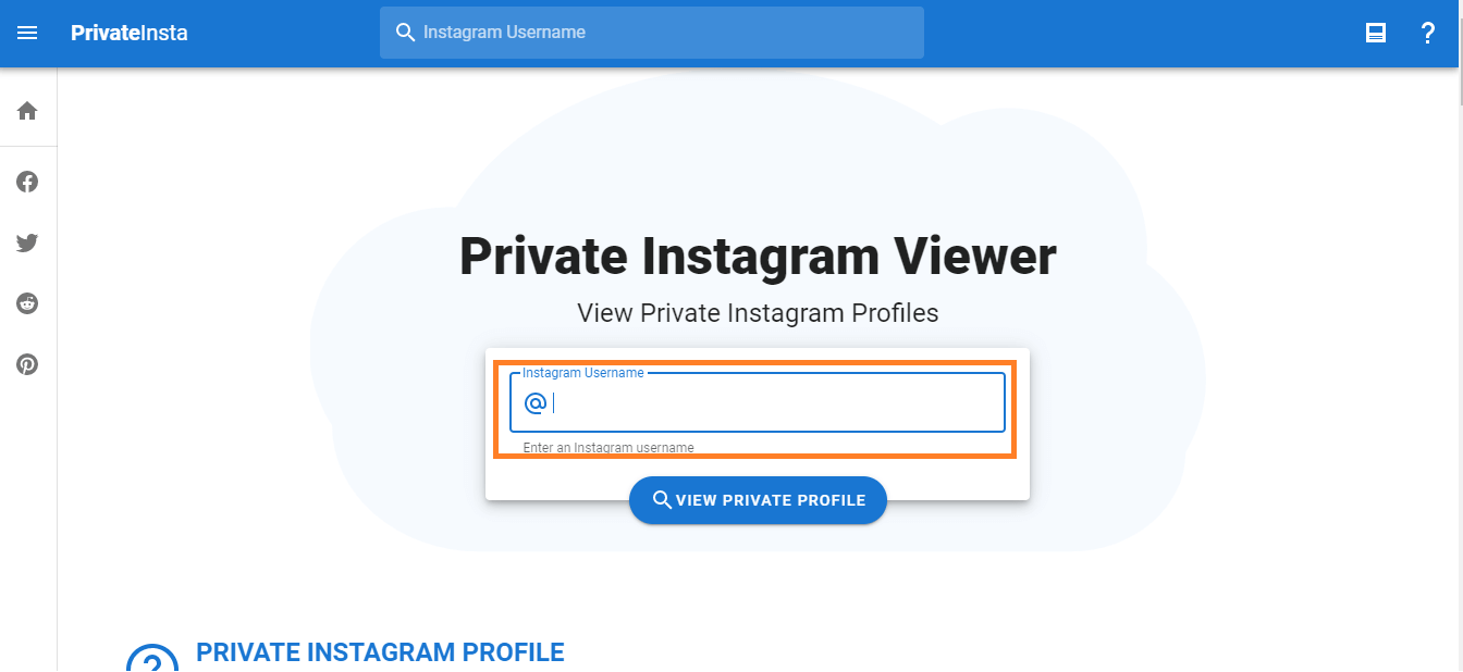 visite PrivateInsta y escriba el nombre de usuario del usuario de la cuenta privada en la pestaña de nombre de usuario de Instagram.