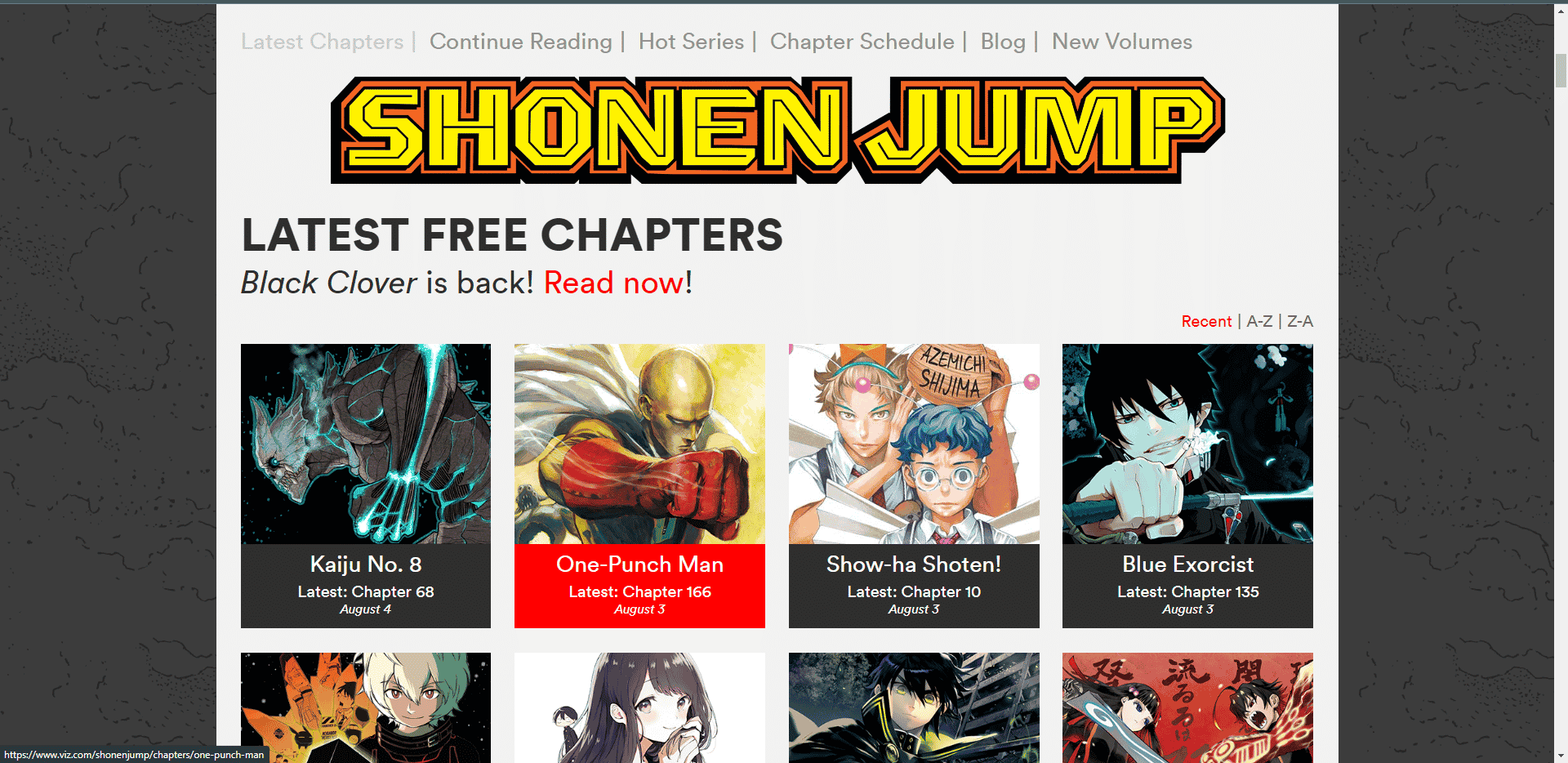 VIZ MANGA official website with Shonen jump section