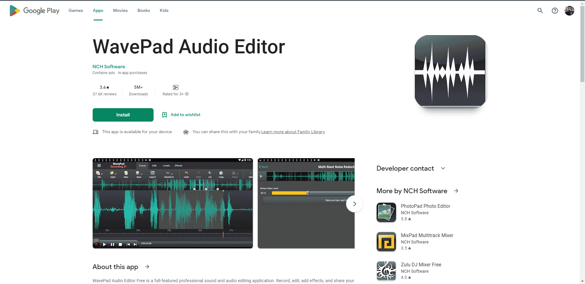 WavePad Audio Editor Play Store webpage